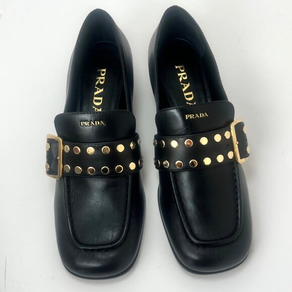 Prada Studded Spazzolato Stud Women Leather Loafers Pumps Size 36.5 - Picture 4 of 16